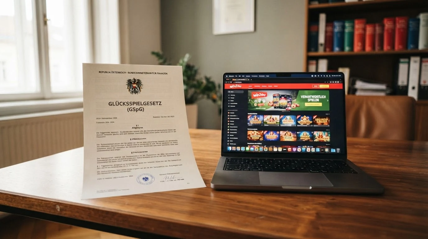 Ein offiziell wirkendes Dokument mit dem Bundesadler und dem Schriftzug „Glücksspielgesetz“ neben einem Bildschirm mit Casino-Oberfläche