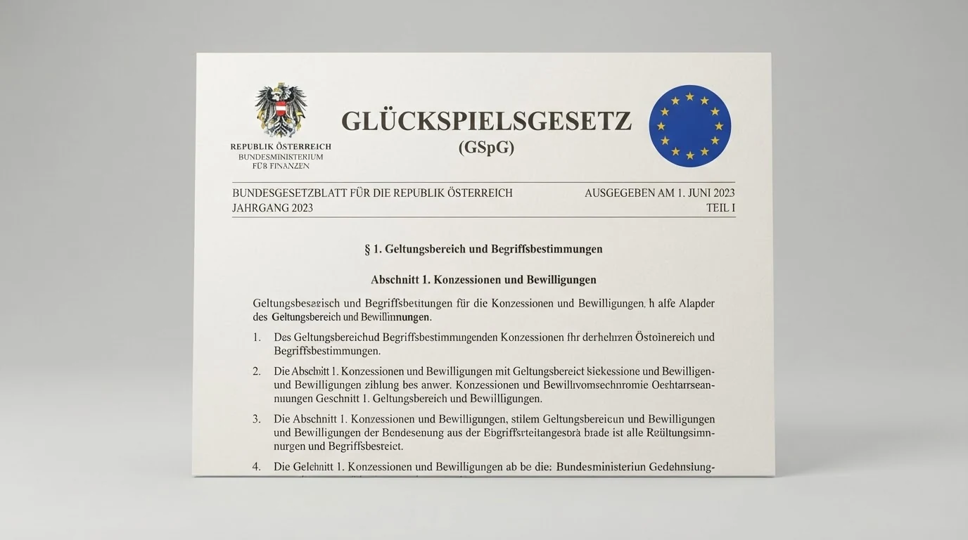 Ein offiziell wirkendes Dokument mit dem österreichischen Bundesadler und dem Schriftzug „Glücksspielgesetz“, daneben das EU-Symbol mit einem Fragezeichen