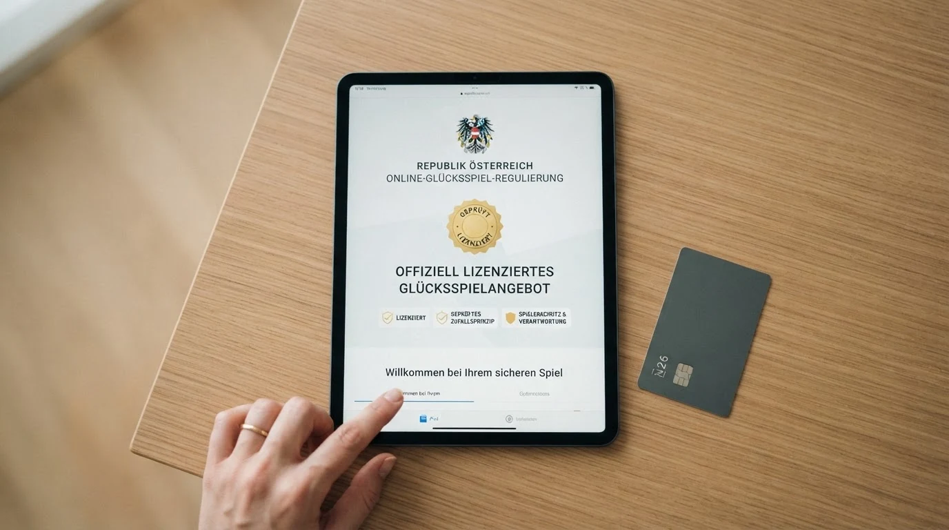 Paragrafenzeichen und das österreichische Wappen auf einem Bildschirm mit einem durchgestrichenen Casino-Chip