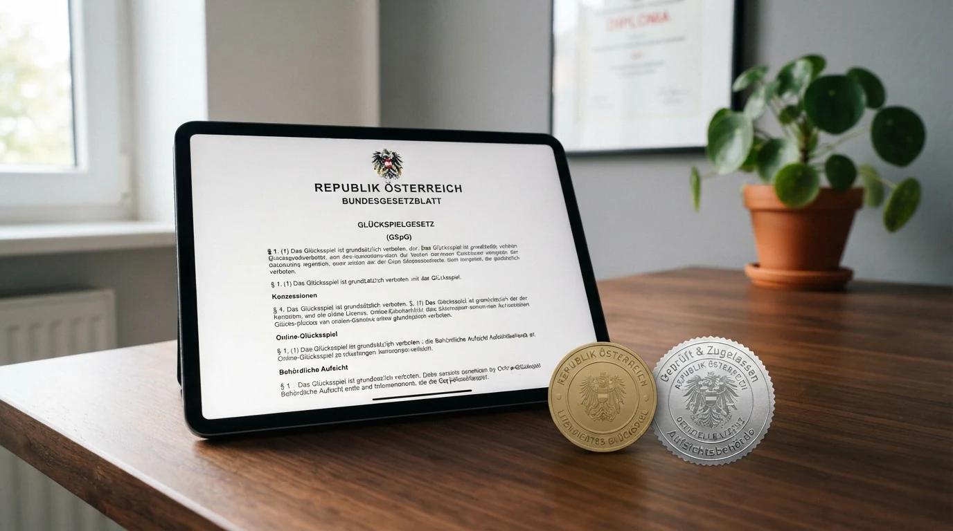 Amtliches Dokument mit dem österreichischen Bundesadler und dem Titel „Glücksspielgesetz“, daneben das win2day-Logo auf einem Tablet-Display