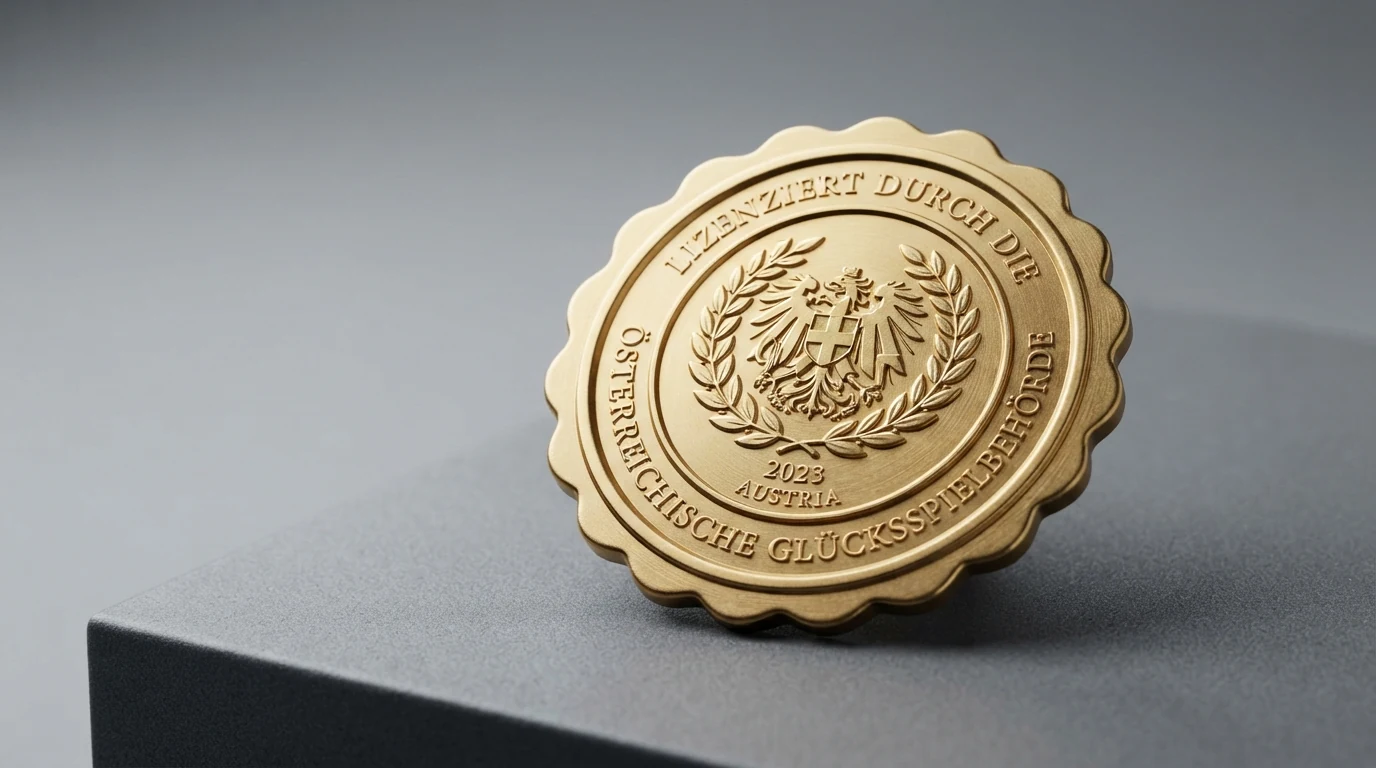 Ein offizielles Dokument oder Siegel mit Bezug zur österreichischen Glücksspielkonzession, etwa das BMF-Logo oder ein Konzessionsauszug