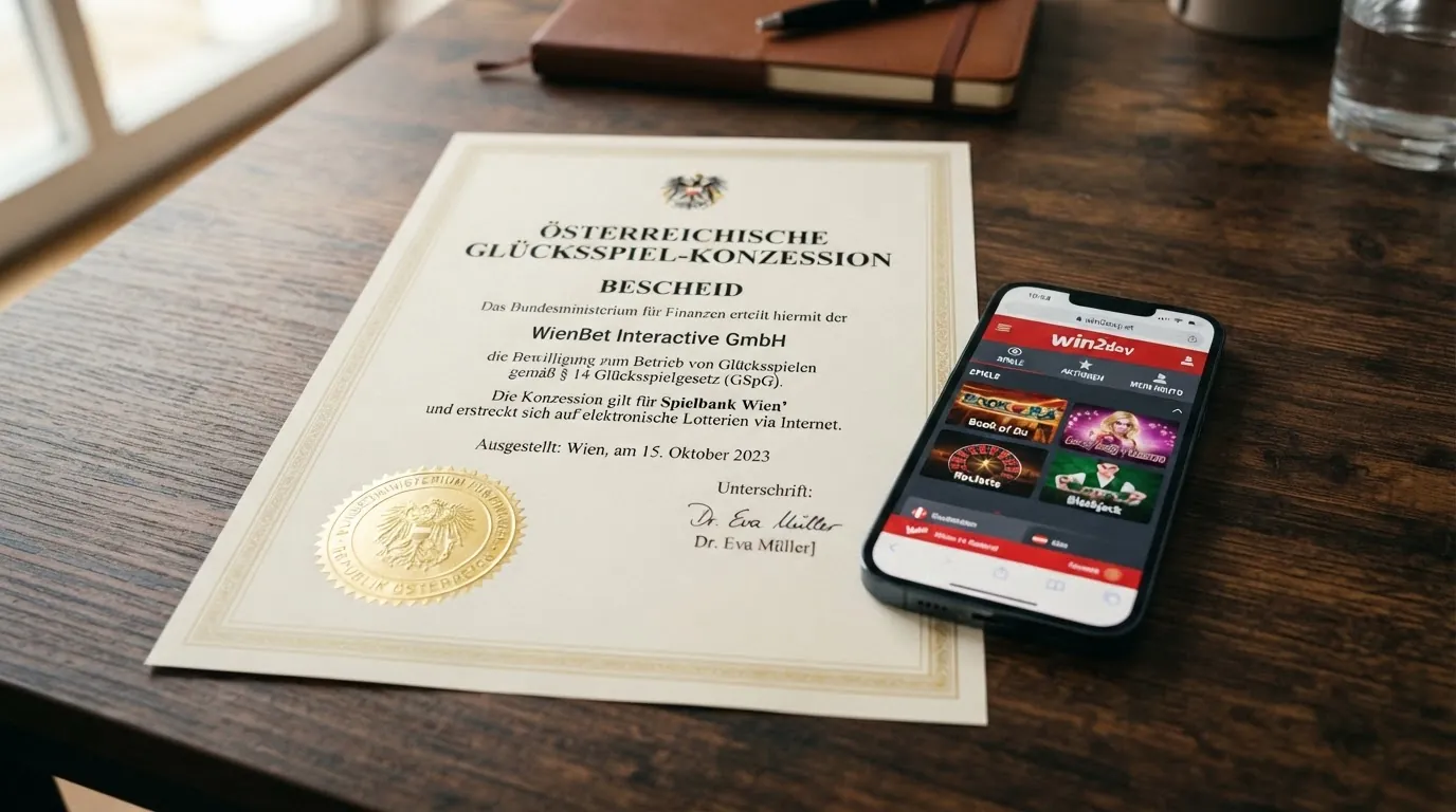 Nahaufnahme einer österreichischen Glücksspielkonzession-Urkunde mit BMF-Siegel neben einem Smartphone mit win2day-Startseite