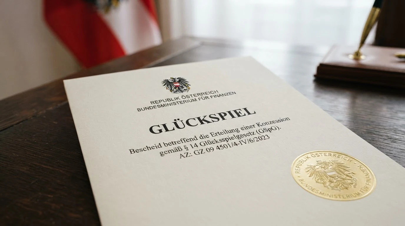 Das offizielle Emblem der Republik Österreich auf einer Dokumentenseite des Bundesministeriums für Finanzen, daneben der Schriftzug „Glücksspiel“ in der österreichischen Amtssprache