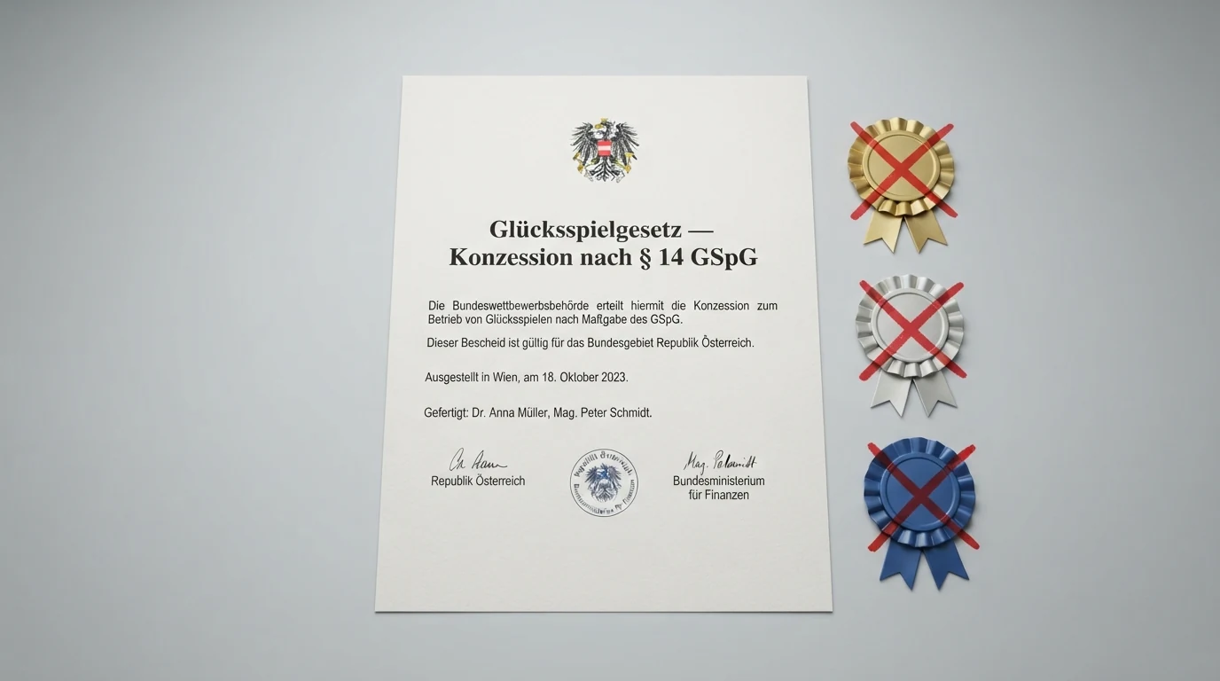 Nahaufnahme eines offiziellen Dokuments mit dem österreichischen Bundeswappen und dem Titel „Glücksspielgesetz — Konzession nach § 14 GSpG“, daneben die Logos von MGA, Gibraltar und Curaçao mit einem roten „X“