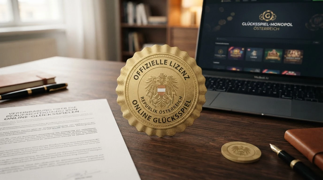 Schematische Darstellung des österreichischen Glücksspielmonopols — nur ein Betreiber hält die Online-Konzession, alle anderen operieren ohne Bewilligung
