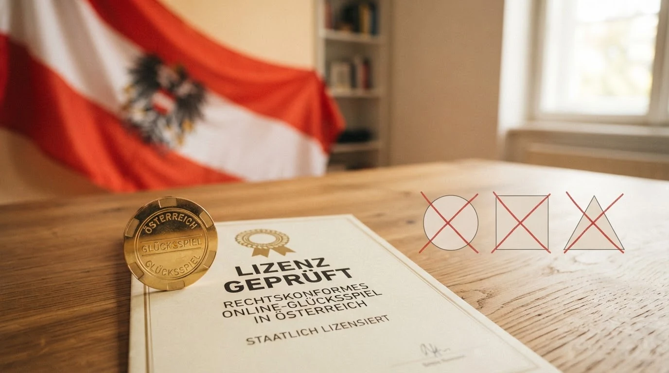 Die österreichische Flagge neben einem einzelnen Casino-Logo (win2day) und mehreren durchgestrichenen internationalen Casino-Logos