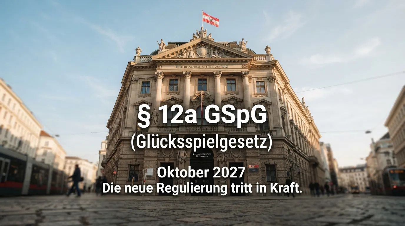 Das offizielle Gebäude des Bundesministeriums für Finanzen in Wien mit eingeblendetem Paragrafen-Zitat „§ 12a GSpG“ und einem Kalender, der Oktober 2027 als Datum der geplanten Marktöffnung zeigt.