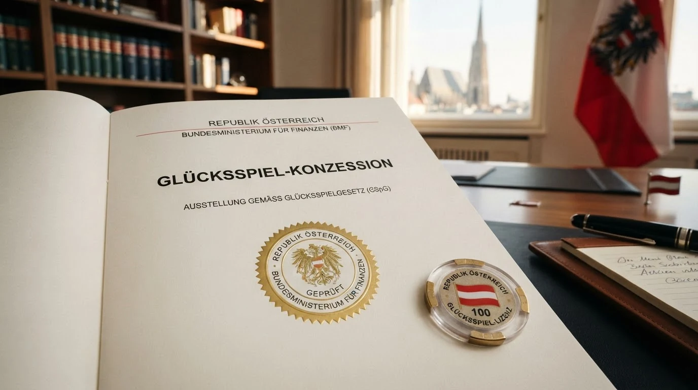 Schematische Darstellung des österreichischen Glücksspiel-Lizenzsystems: BMF-Konzession für win2day, rot durchgestrichene MGA-/Gibraltar-/Curaçao-Lizenzen für Offshore-Anbieter