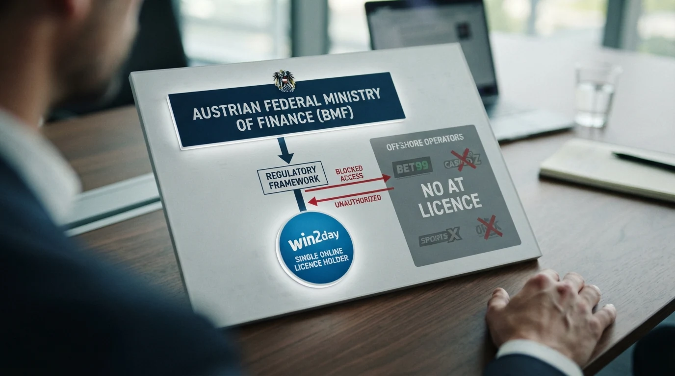 Schematische Darstellung des österreichischen Glücksspiel-Konzessionssystems: BMF als Aufsichtsbehörde, eine Online-Konzession für win2day, daneben ein ausgegrauter Bereich für Offshore-Anbieter mit dem Hinweis „keine AT-Zulassung“