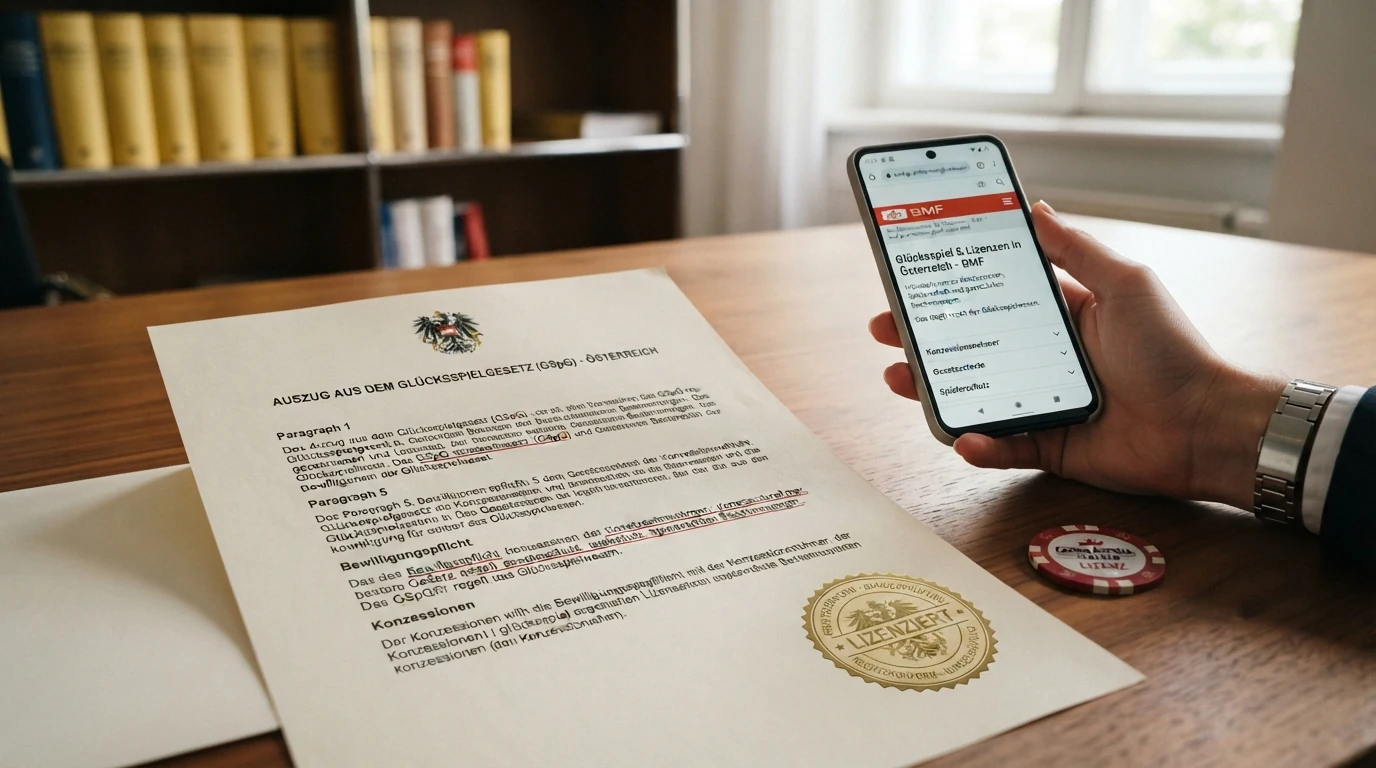 Offizielles Dokument mit österreichischem Bundesadler, Paragrafenzeichen und Auszug aus dem Glücksspielgesetz