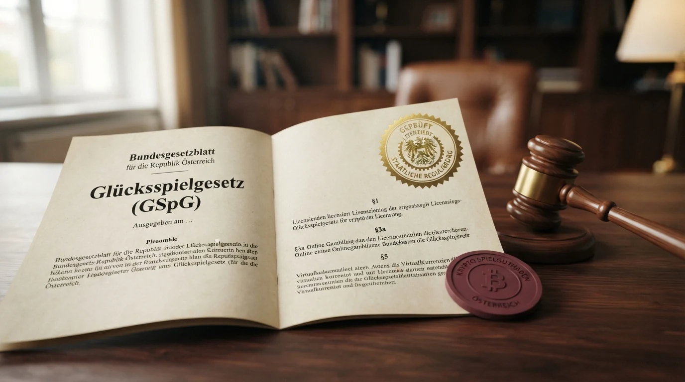 Offizielles Dokument zum Glücksspielgesetz mit Bitcoin-Symbol und Waage der Justiz