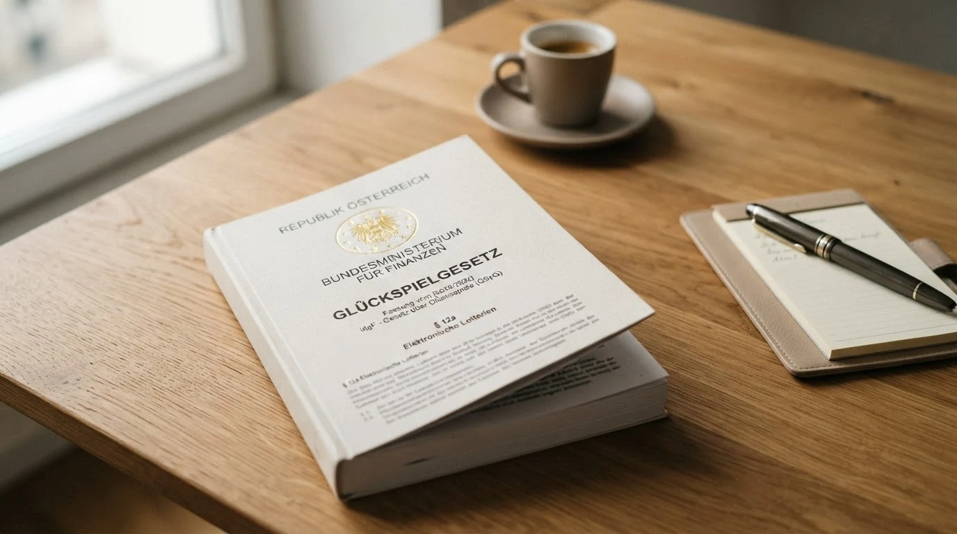 Amtliches Dokument mit dem Text des Glücksspielgesetzes, hervorgehobener Paragraph zu elektronischen Lotterien, BMF-Siegel