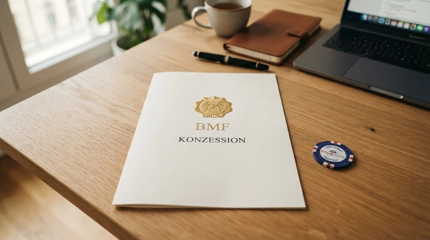Ein stilisiertes offizielles Dokument mit dem Schriftzug „BMF“ und dem Siegel „Konzession“, daneben der Text „§ 12a GSpG“.