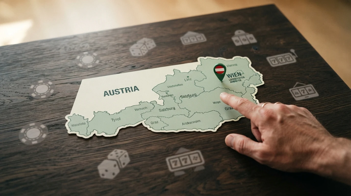 Eine stilisierte Österreich-Karte mit einem grün markierten Punkt (AT-Konzession) und neun ausgegrauten Casino-Logos ohne AT-Erlaubnis