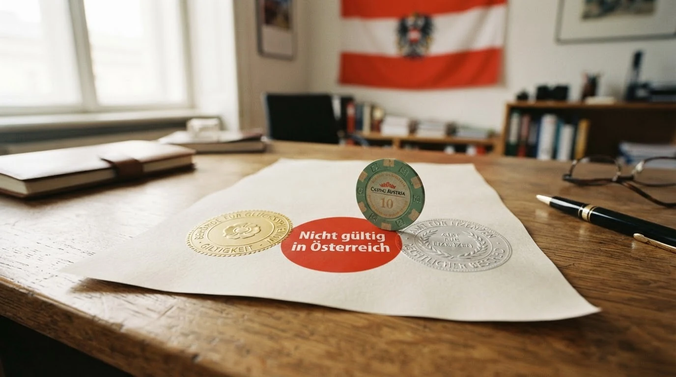 Offizielle Siegel der Malta Gaming Authority und der Curaçao Gaming Control Board nebeneinander, dazwischen ein rotes „Nicht gültig in Österreich“-Symbol