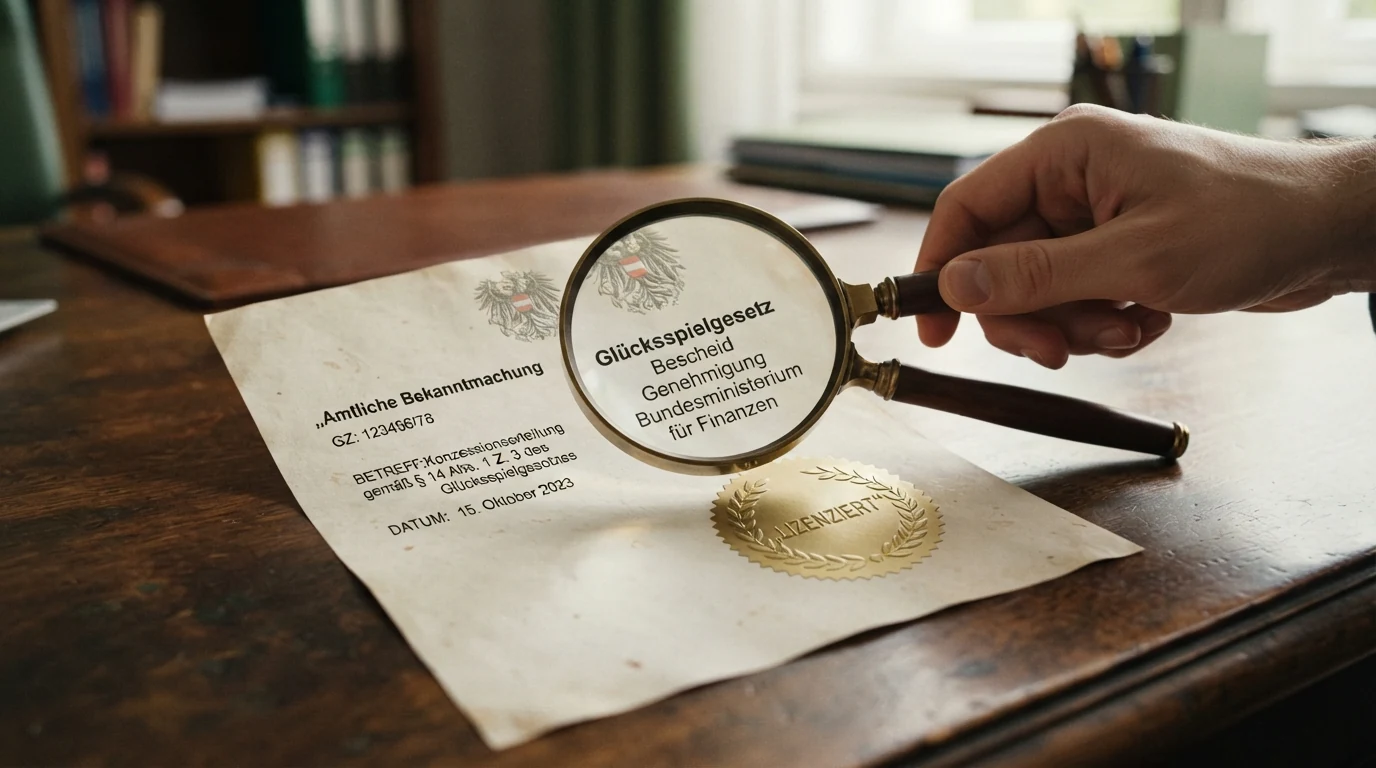 Nahaufnahme eines offiziellen Dokuments mit dem österreichischen Bundeswappen und dem Schriftzug „Glücksspielgesetz“, teilweise verdeckt von einer Lupe
