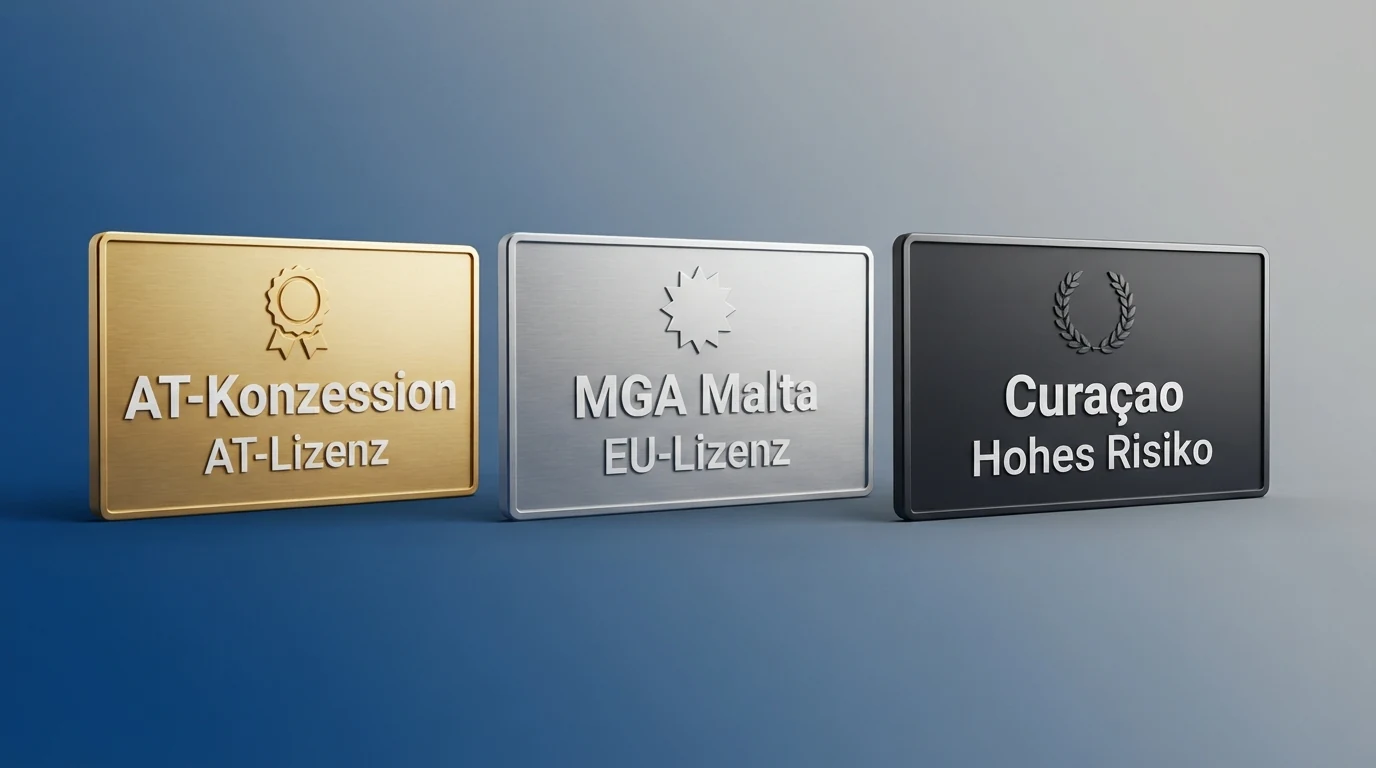 Drei Säulen: links das BMF-Logo mit dem Schriftzug „AT-Konzession (win2day)“, Mitte das MGA-Logo mit „EU-Lizenz (kein AT-Schutz)“, rechts ein Warnsymbol mit „Curaçao (höchstes Risiko)“