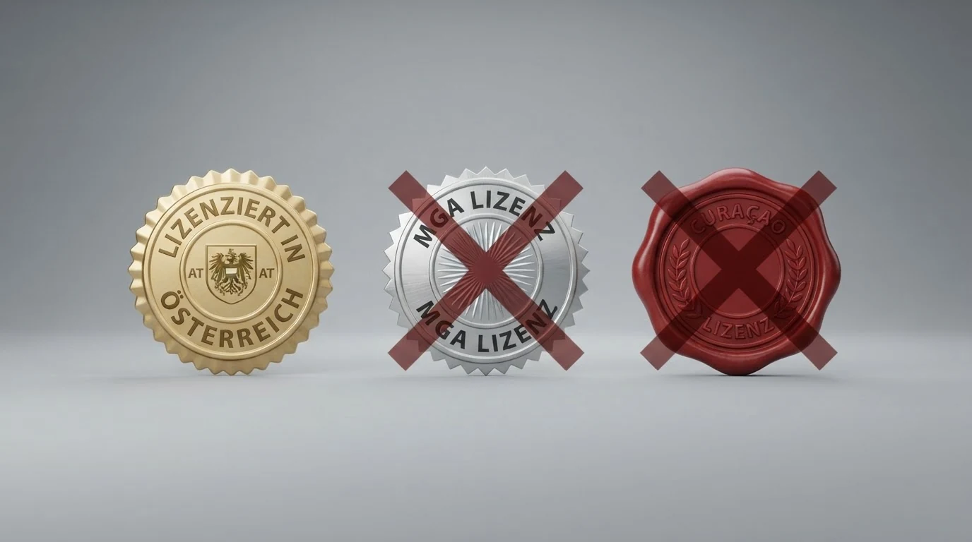 Drei Lizenzurkunden nebeneinander: eine mit österreichischem Bundesadler (gültig), eine mit MGA-Siegel (für AT nicht gültig), eine mit Curaçao-Siegel (für AT nicht gültig), mit einem roten Kreuz oder grünen Haken über jeder
