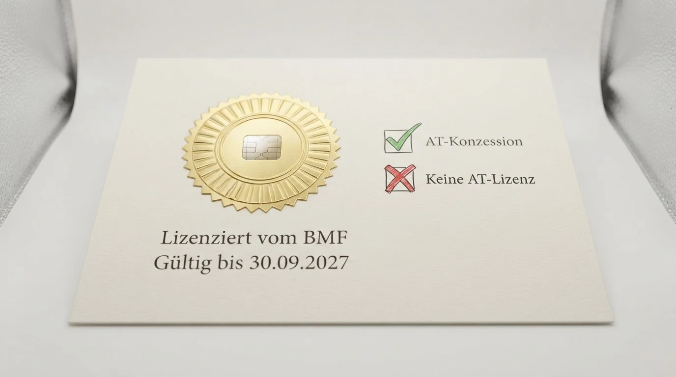 Offizielles österreichisches Dokument mit Hoheitssymbol neben einer schematischen Darstellung, die ein grünes Häkchen bei „AT-Konzession“ und ein rotes Kreuz bei „Keine AT-Lizenz“ zeigt