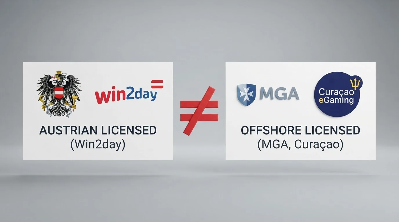 Das österreichische Bundeswappen neben dem win2day-Logo auf der einen Seite, MGA- und Curaçao-Lizenzsiegel auf der anderen — mit einem durchgestrichenen Gleichheitszeichen dazwischen