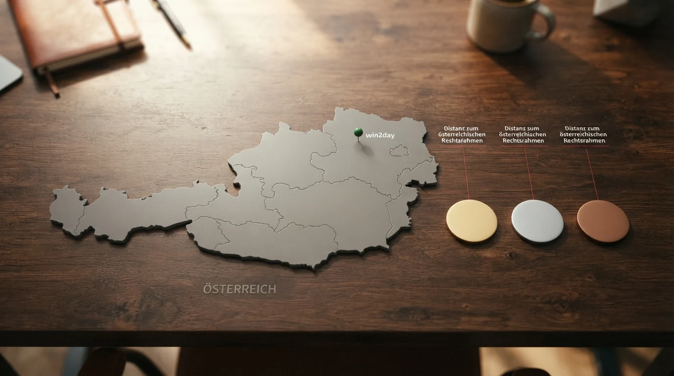 Eine stilisierte Österreich-Karte mit einem markierten Punkt für die einzige AT-Konzession, daneben Lizenz-Symbole für MGA und Curaçao mit Distanz-Hinweis