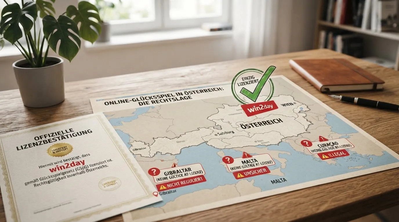 Eine stilisierte Österreich-Karte mit einem einzelnen grünen Häkchen auf win2day und roten Fragezeichen auf den Offshore-Standorten Malta, Gibraltar und Curaçao, darunter das Glücksspielgesetz-Symbol