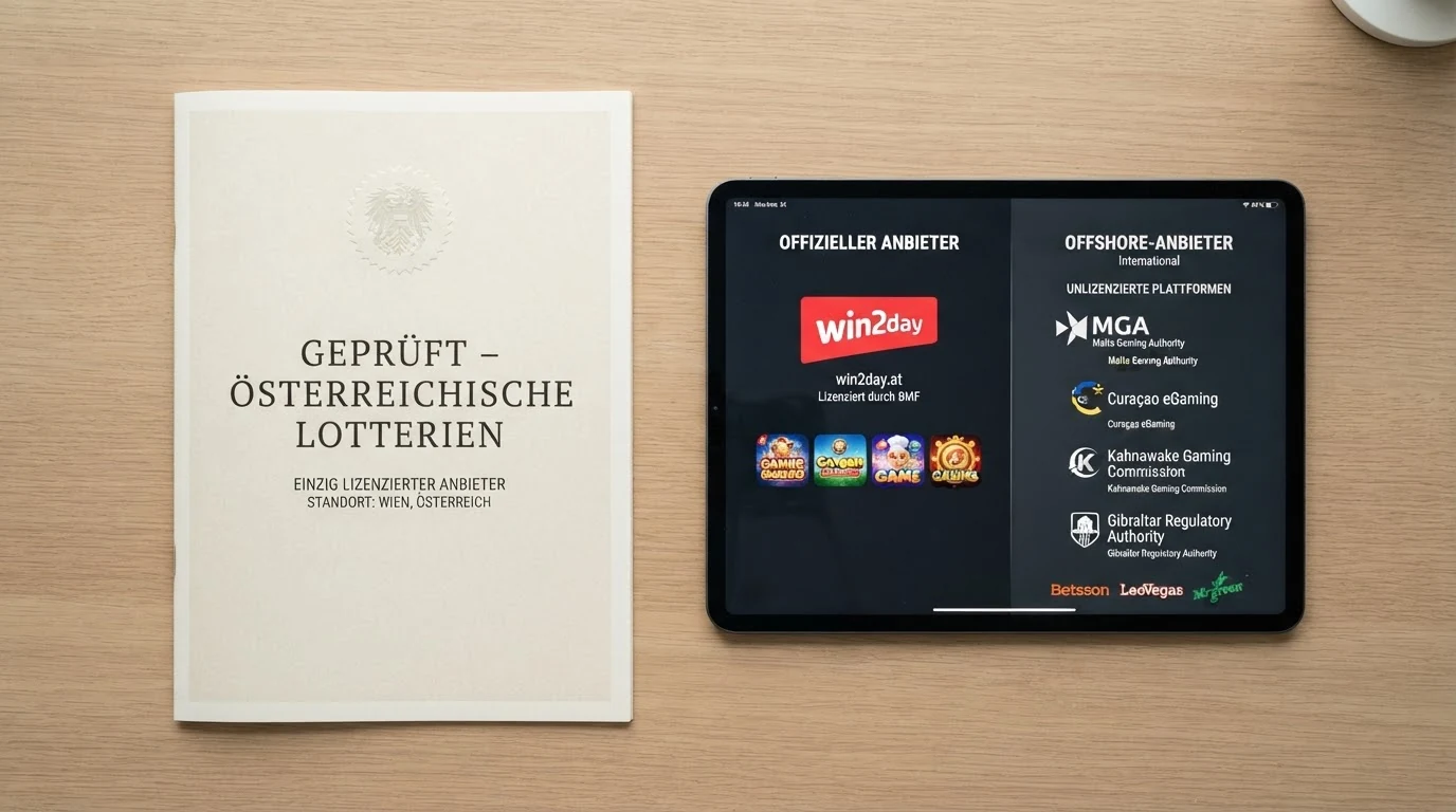 Eine stilisierte Österreich-Karte mit einem markierten Punkt für Wien, daneben zwei Spalten mit den Logos von win2day (AT-Lizenz) und den Schriftzügen MGA, Curaçao und Kahnawake