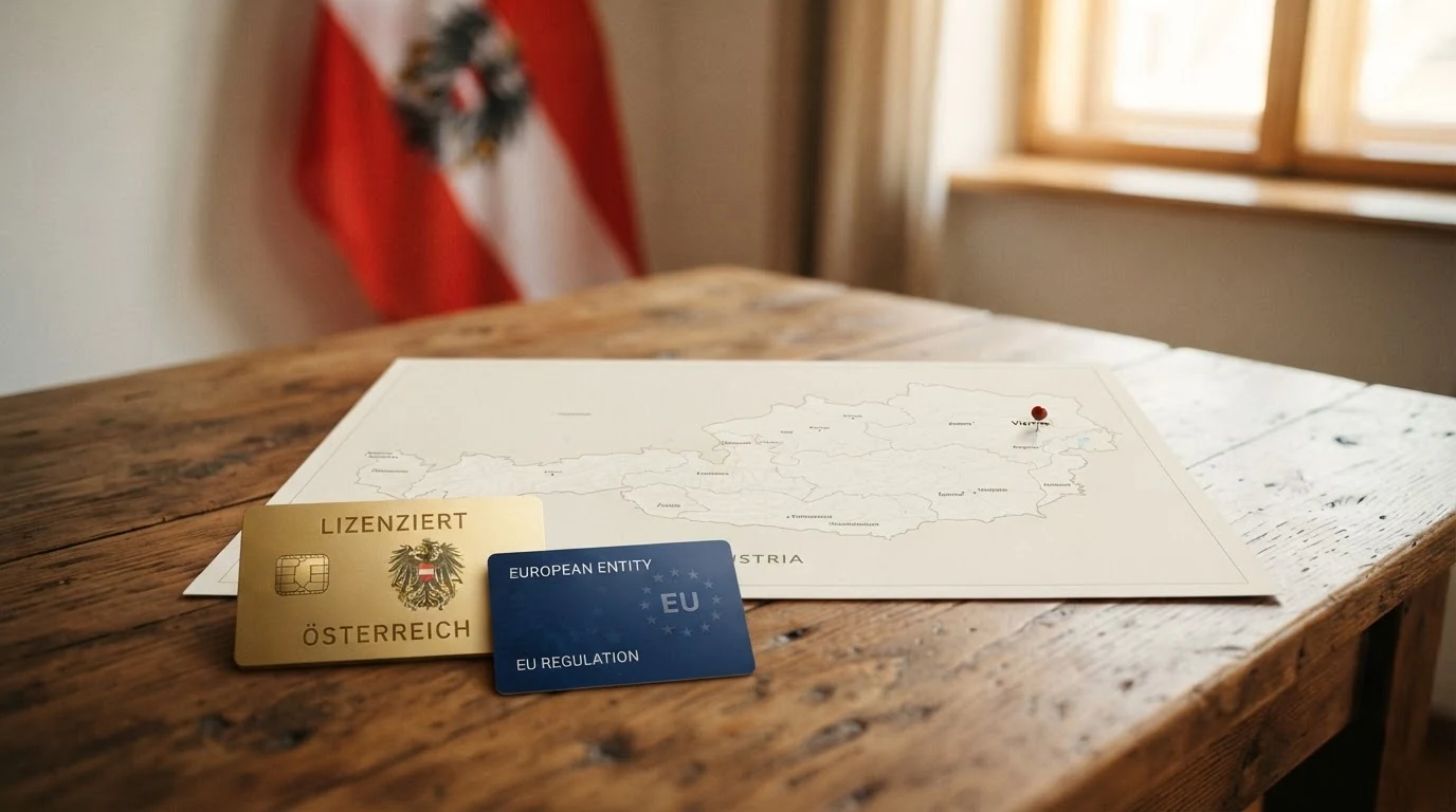 Österreich-Karte mit Wien markiert, daneben die Logos von BMF und EU-Flagge — Kontrast zwischen nationaler Konzession und EU-Lizenzen