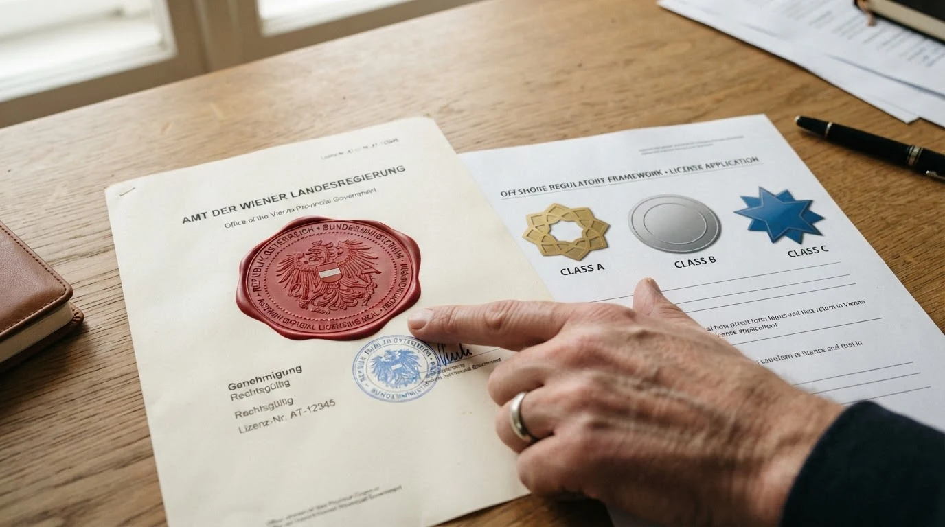 Offizielles Konzessionssiegel der Republik Österreich im Kontrast zu Curaçao- und Costa-Rica-Lizenz-Logos