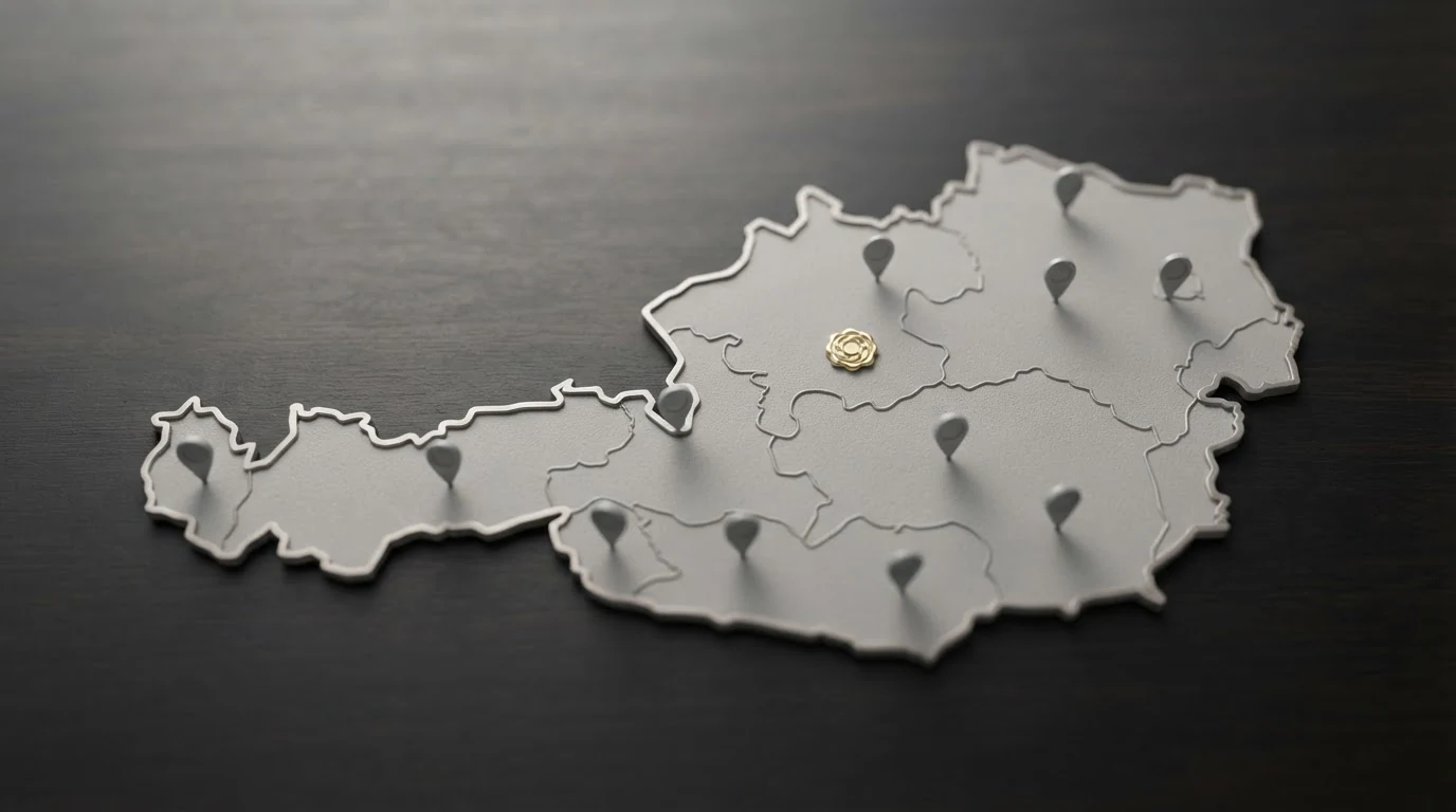 Eine stilisierte Österreich-Karte mit dem win2day-Logo als einzigem farbigen Punkt und zehn grauen Offshore-Markierungen