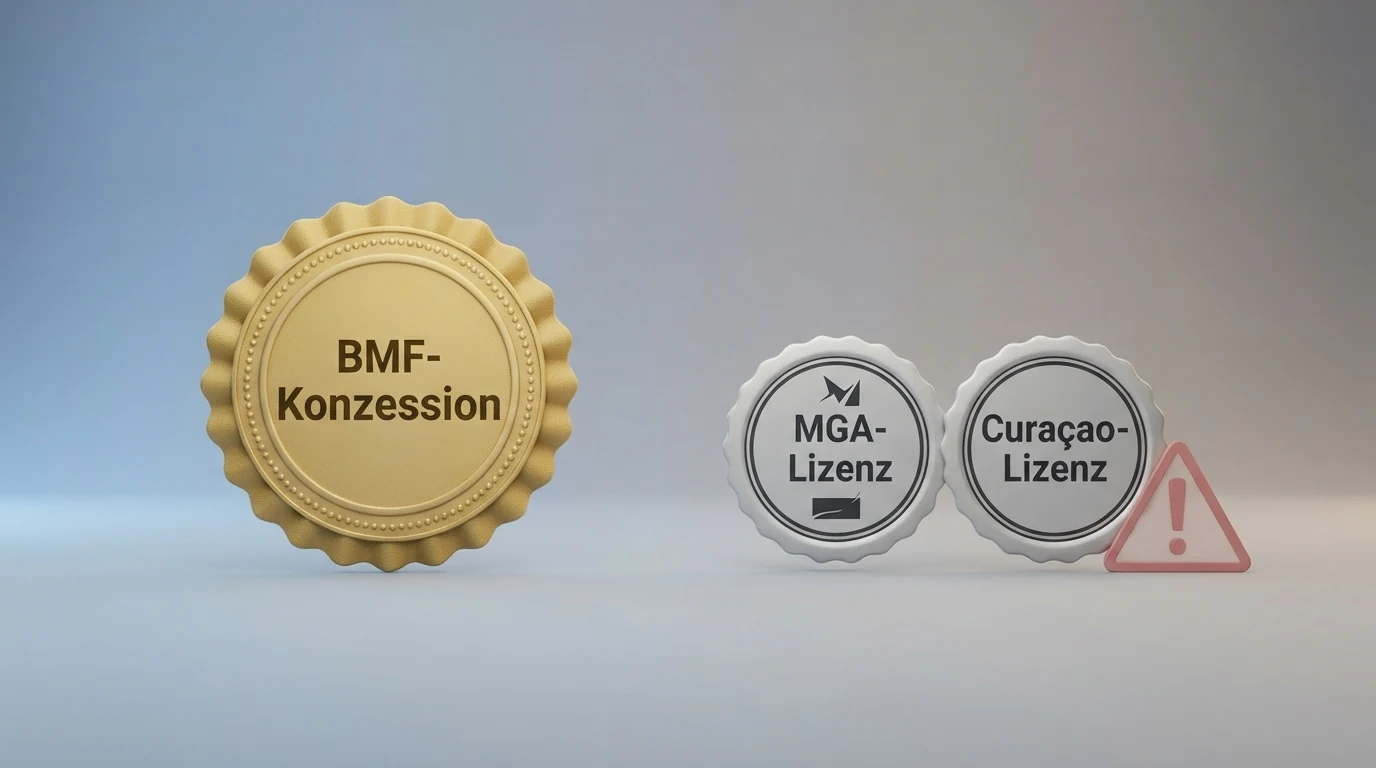 Eine illustrierte Gegenüberstellung: links das BMF-Konessionssiegel, rechts MGA- und Curaçao-Lizenzlogos mit Warnhinweis