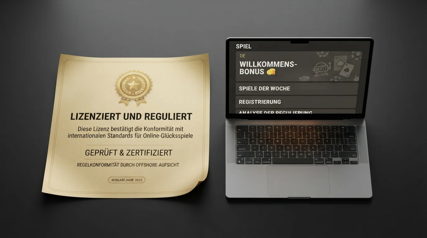 Offizielles Dokument mit österreichischem Bundeswappen und dem Titel „Glücksspielgesetz“ neben einem Bildschirm mit der Oberfläche eines Krypto-Casinos