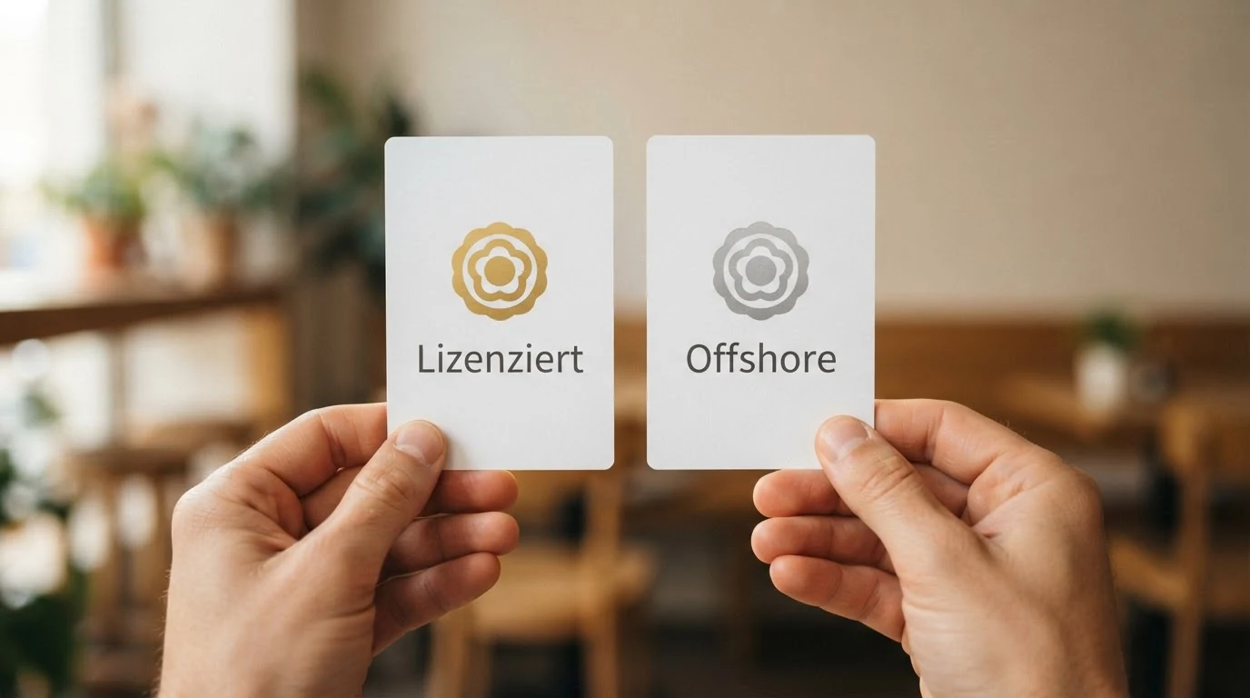 Eine Gegenüberstellung: links das win2day-Logo mit dem Vermerk „AT-Konzession — keine Handyrechnung“, rechts Curaçao-Lizenzsiegel mit „Drei akzeptiert — keine AT-Lizenz“