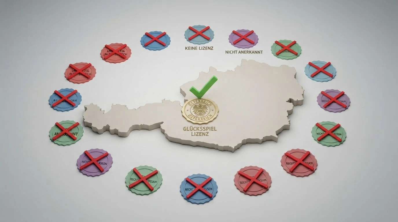 Eine stilisierte Österreich-Karte, umgeben von Lizenzsiegeln (MGA, Curaçao, GGL), die jeweils mit einem roten Kreuz markiert sind — in der Mitte das BMF-Siegel mit grünem Haken
