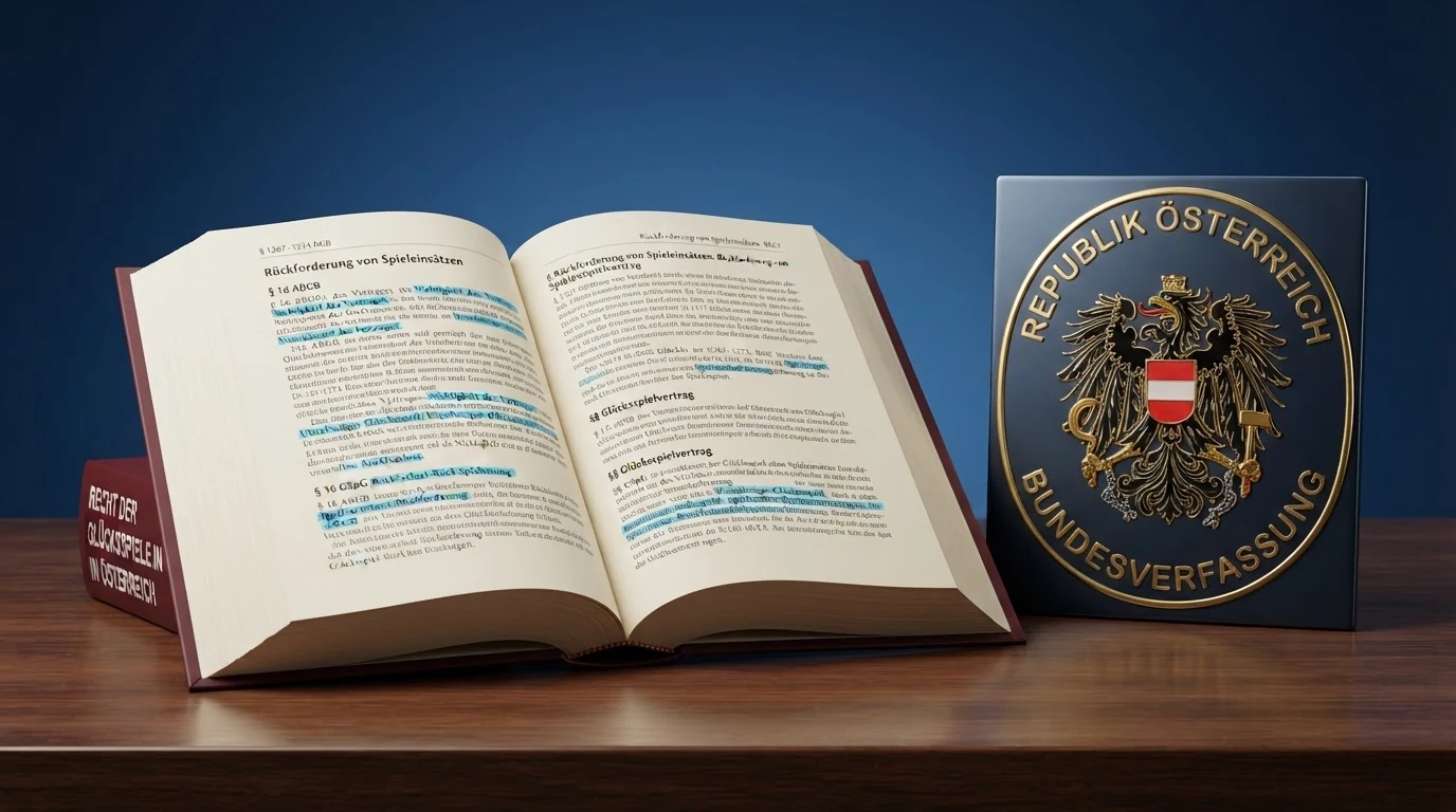 Ein aufgeschlagenes Gesetzbuch mit Paragrafenmarkierung neben dem Wappen der Republik Österreich auf einem Holzschreibtisch