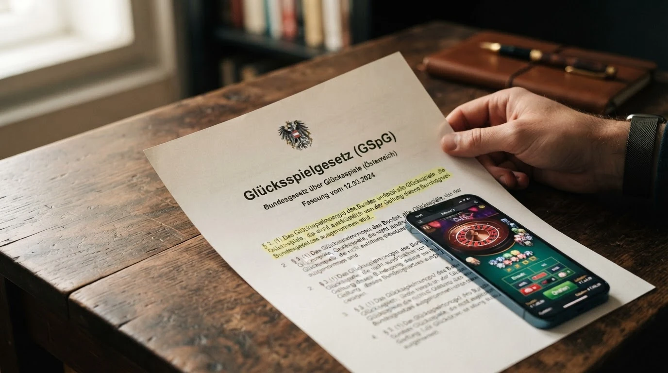 Offiziell wirkendes Dokument mit dem Schriftzug „Glücksspielgesetz“ und einem hervorgehobenen Paragrafen, daneben ein Smartphone mit Casino-Oberfläche