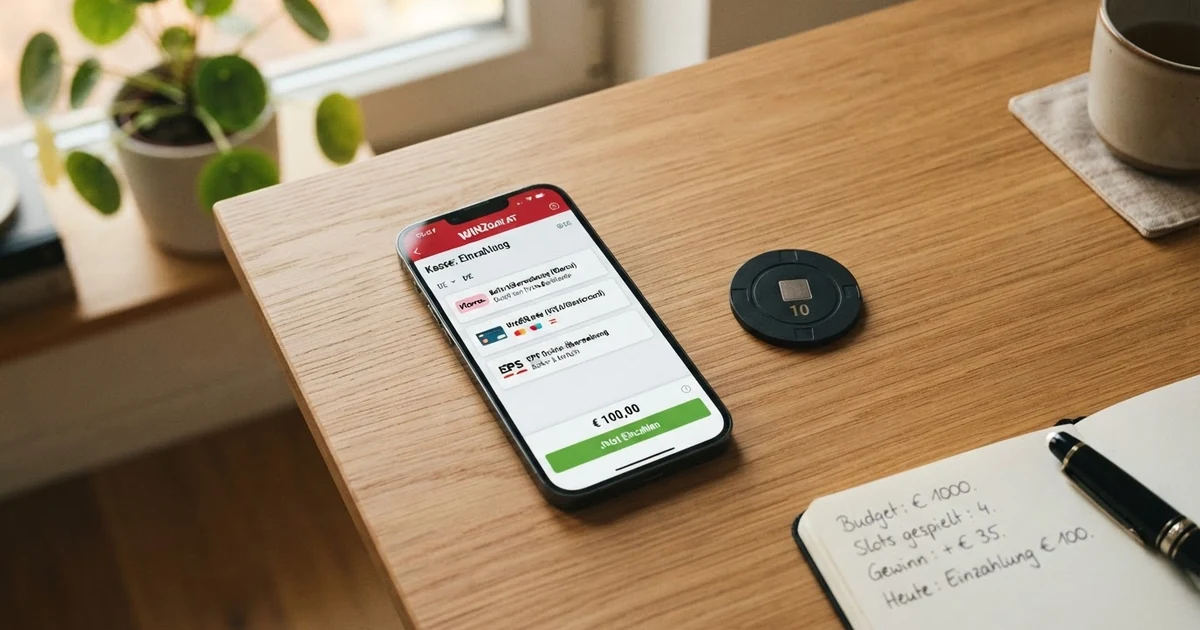Eine Nahaufnahme eines Smartphone-Bildschirms mit einer Casino-Zahlungsseite, auf der „Sofortüberweisung“ und „Klarna“ als Optionen angezeigt werden — daneben ein durchgestrichenes „Kauf auf Rechnung“-Symbol.