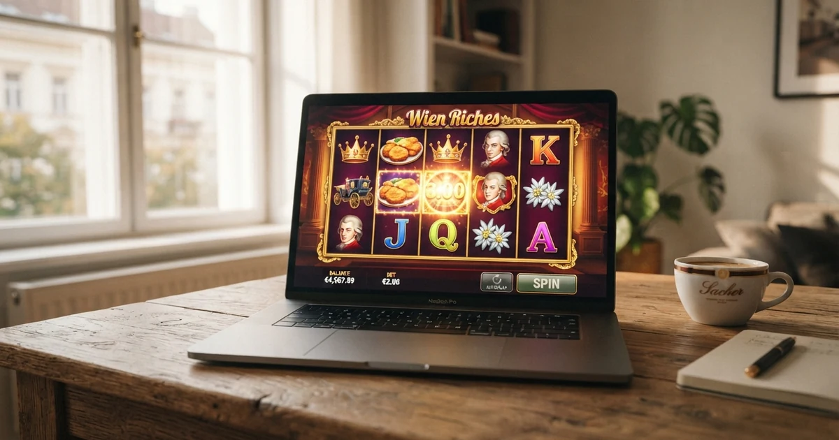 Online-Casino-Spieloberfläche geöffnet in einem Webbrowser auf einem Laptop, Spielautomaten-Walzen sichtbar
