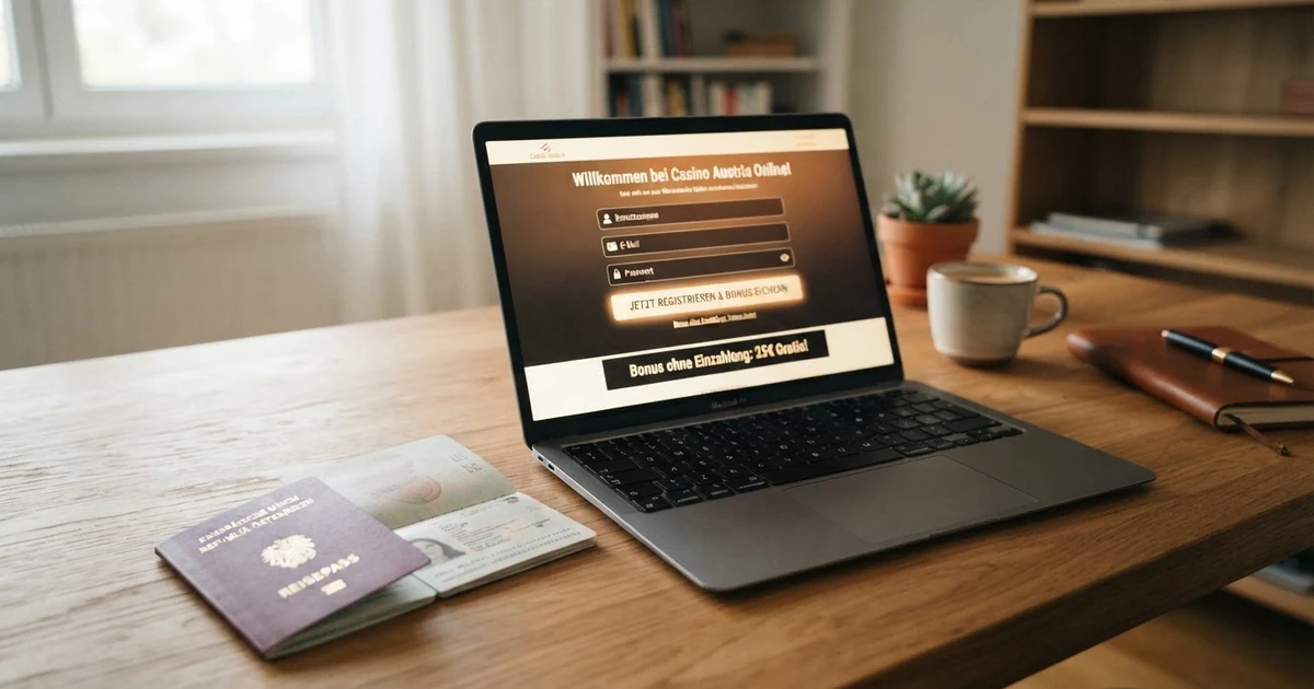Ein Laptop-Bildschirm zeigt eine Casino-Registrierungsseite mit einem hervorgehobenen Button für einen Bonus ohne Einzahlung, daneben liegt ein österreichischer Reisepass