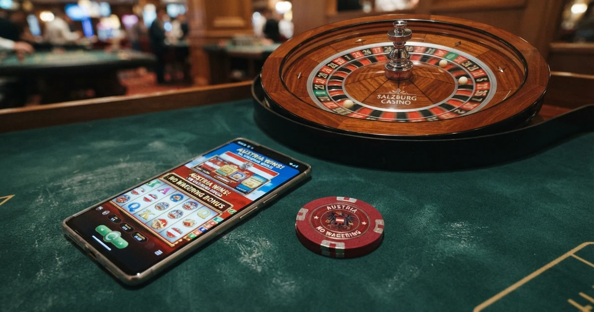 Ein Smartphone mit geöffneter Casino-App liegt neben Spielchips und einem von oben fotografierten Roulette-Kessel auf dunklem Filz.