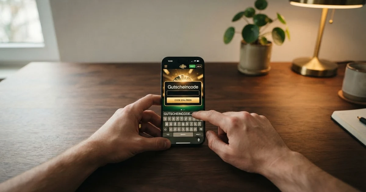 Ein Spieler tippt einen Gutscheincode in das Bonusfeld eines Online-Casinos ein — zu sehen sind das Eingabefeld, eine Casino-Oberfläche im Hintergrund und ein Smartphone oder Laptop