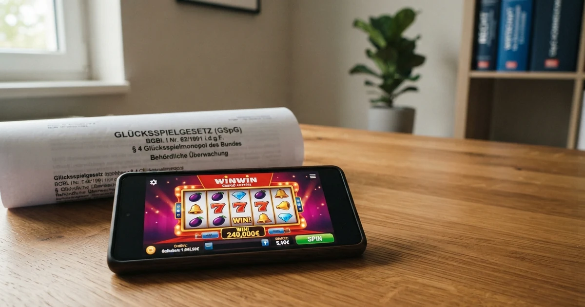 Ein Smartphone mit einer geöffneten Casino-Webseite vor einem österreichischen Gesetzestext — das Spannungsfeld zwischen digitalem Spiel und rechtlichem Rahmen