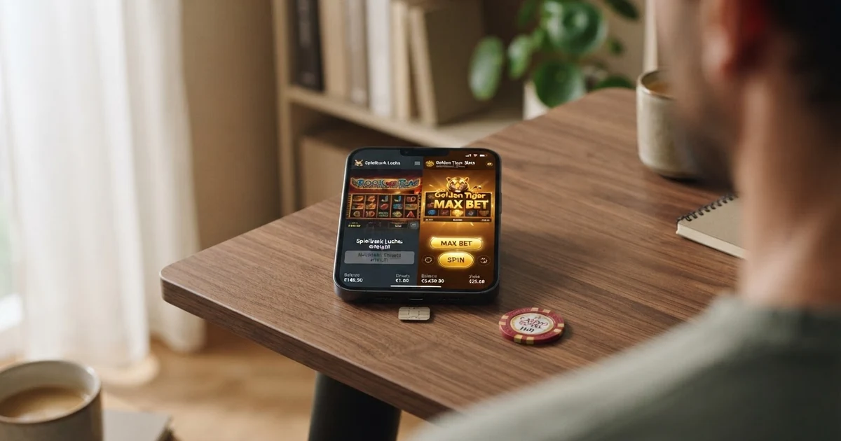 Ein geteiltes Smartphone-Display: links eine deutsche Casino-App mit grau ausgegrauten Einsatz-Buttons und dem Text „€1 max“, rechts eine österreichische win2day-Oberfläche ohne Einsatzbeschränkung