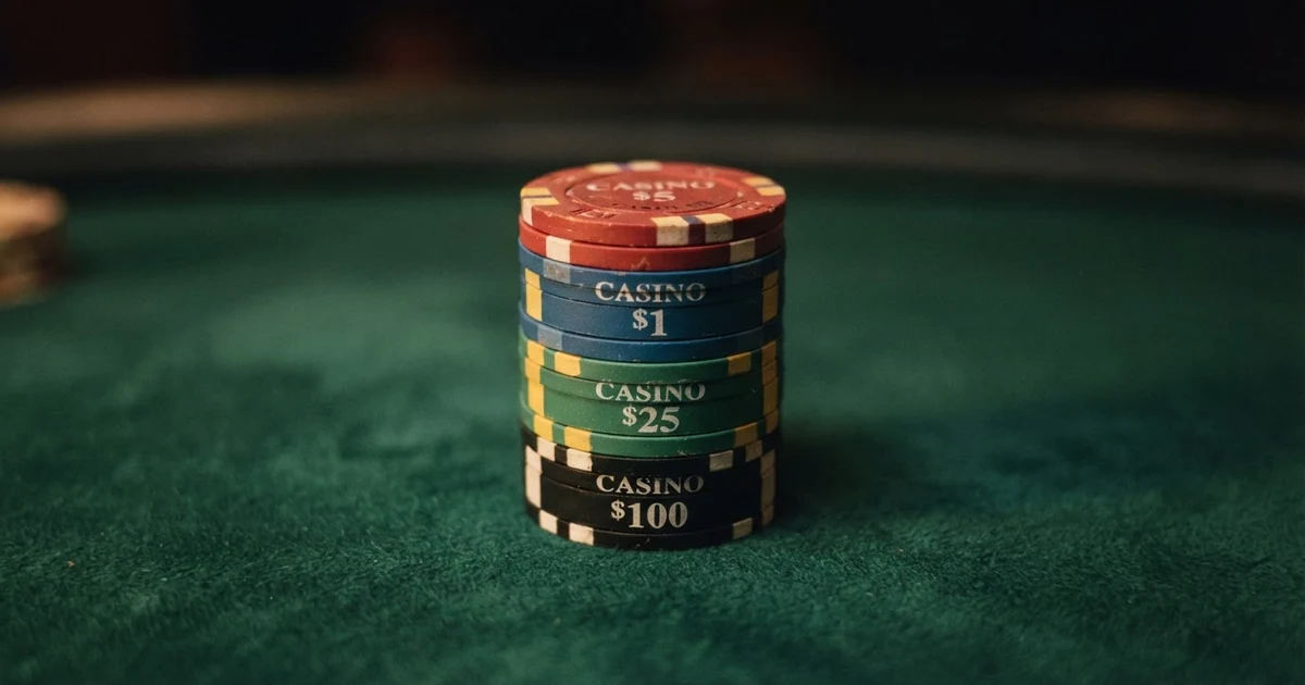 Vier übereinander gestapelte Euromünzen zu 1 €, 5 €, 10 € und 15 € vor einem Casino-Hintergrund mit Spieltisch