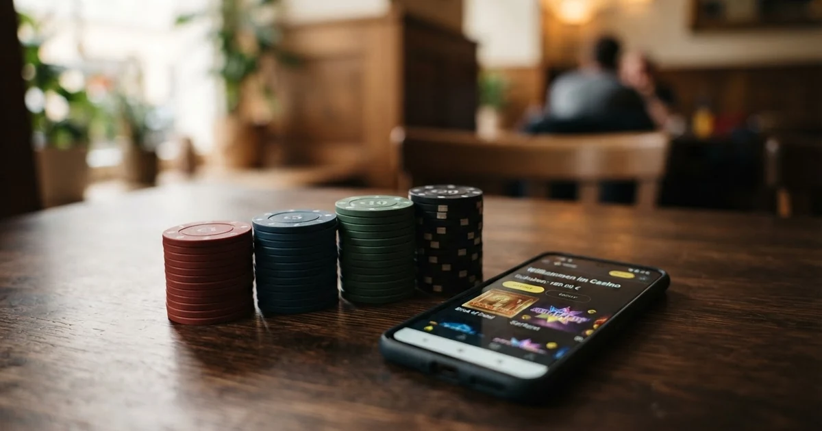 Vier Münzstapel mit 1 €, 5 €, 10 € und 20 € neben einem Smartphone mit Casino-Oberfläche, die verschiedenen Einzahlungsoptionen anzeigt