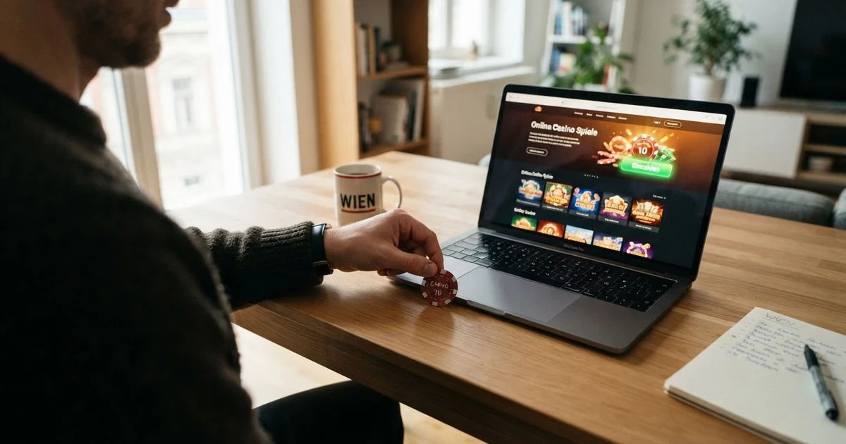 Eine Hand hält einen 10-Euro-Schein vor einen geöffneten Laptop, auf dessen Bildschirm eine Casino-Startseite mit Einzahlungsbutton zu sehen ist.