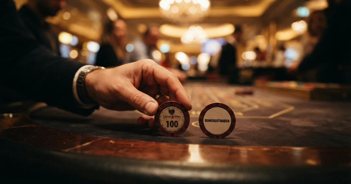 Ein Spieler legt einen Casino-Chip auf den Tisch; daneben erscheint ein zweiter, gespiegelter Chip, der als „Bonusguthaben“ markiert ist.
