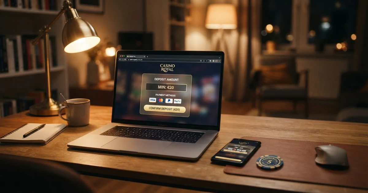 Einzahlungsdialog eines Online Casinos auf einem Laptop-Bildschirm, der die Auswahl „20 Euro“ als Mindesteinzahlung anzeigt, daneben ein Smartphone mit demselben Bildschirm