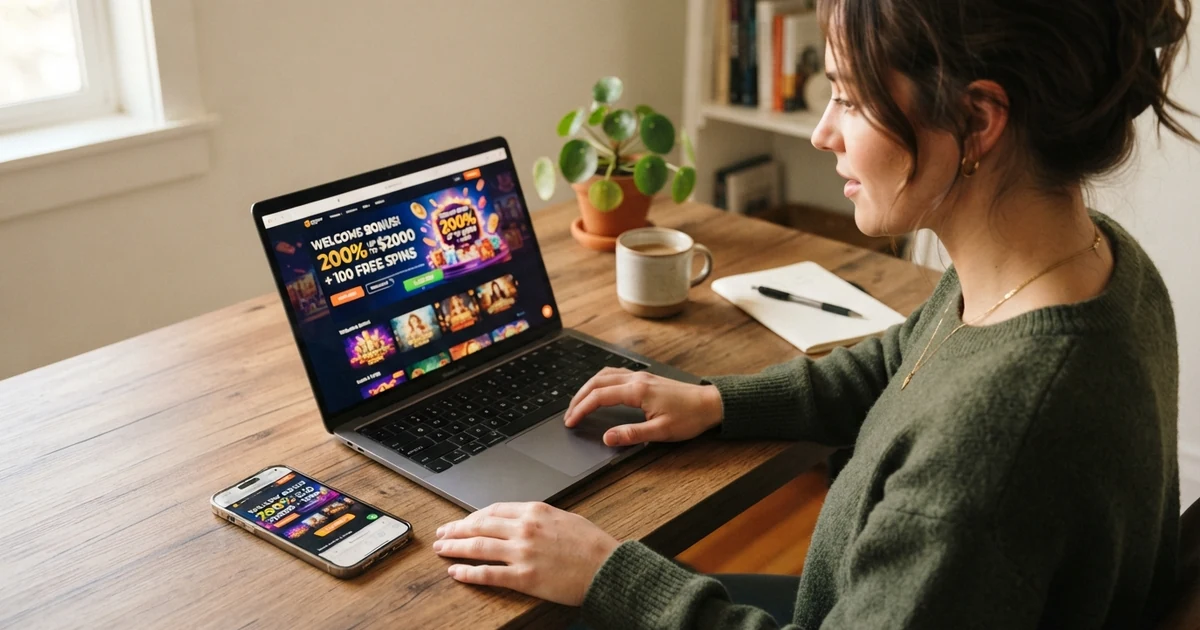 Ein Spieler sitzt vor einem Laptop, auf dem Bildschirm ist eine Casino-Willkommensseite mit „200 % Bonus“ zu sehen; daneben ein Smartphone mit dem gleichen Angebot im mobilen Browser.