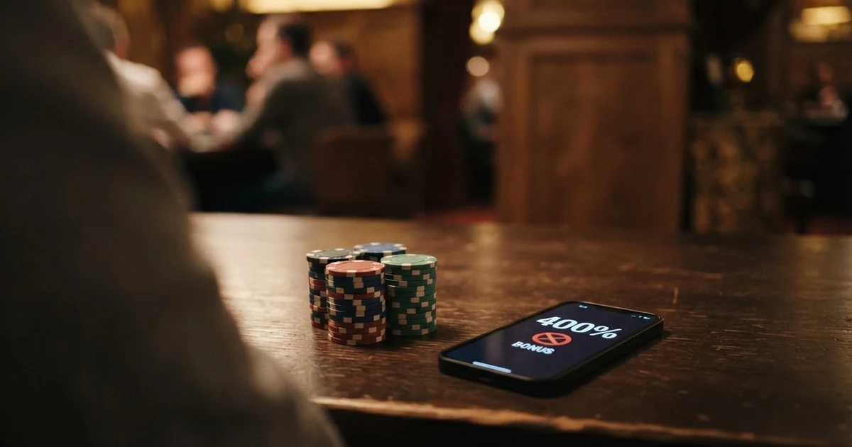 Ein Stapel Casino-Chips neben einem Bildschirm, der eine Bonus-Anzeige mit 400% und einem durchgestrichenen Symbol zeigt